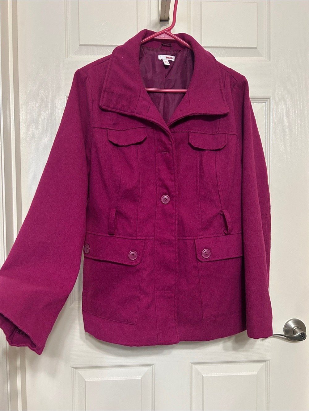 BONGO Raspberry Button-Front Pea Coat Fall Winter Holiday